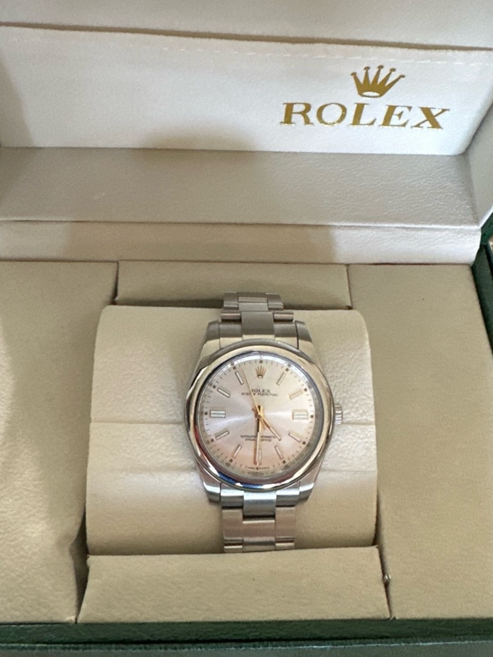 Rolex Stainless Steel Men's Watch with Silver Dial and Gold Accents